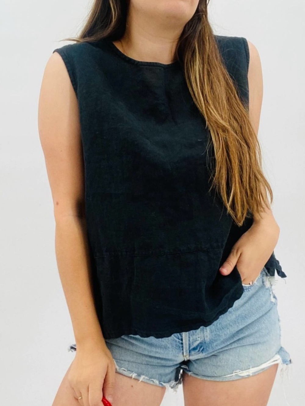 Bryn Walker Linen Boxy Sleeveless Black Tank Top Blouse - Size S - Picture 2 of 6